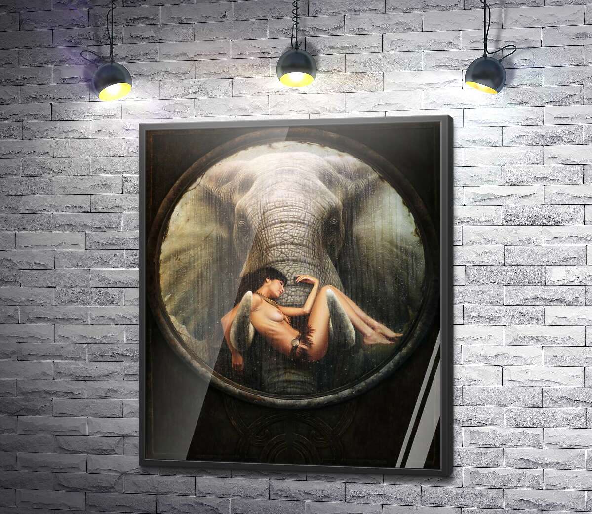 постер Оголена дівчина на бивнях слона