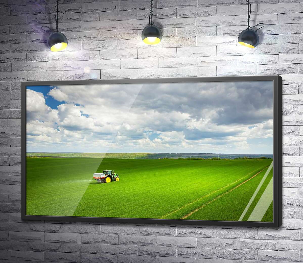 постер Одинокий трактор в зеленом поле