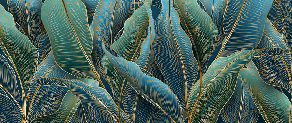 картина-постер Тропические банановые листья в бирюзово-золотистых тонах
