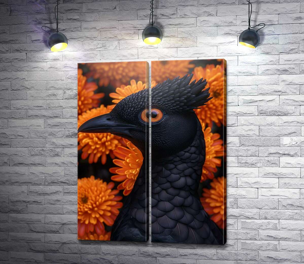 модульная картина Черная птица на фоне оранжевых цветов
