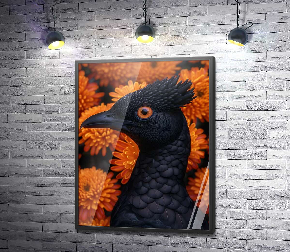 постер Чорний птах на фоні помаранчевих квітів