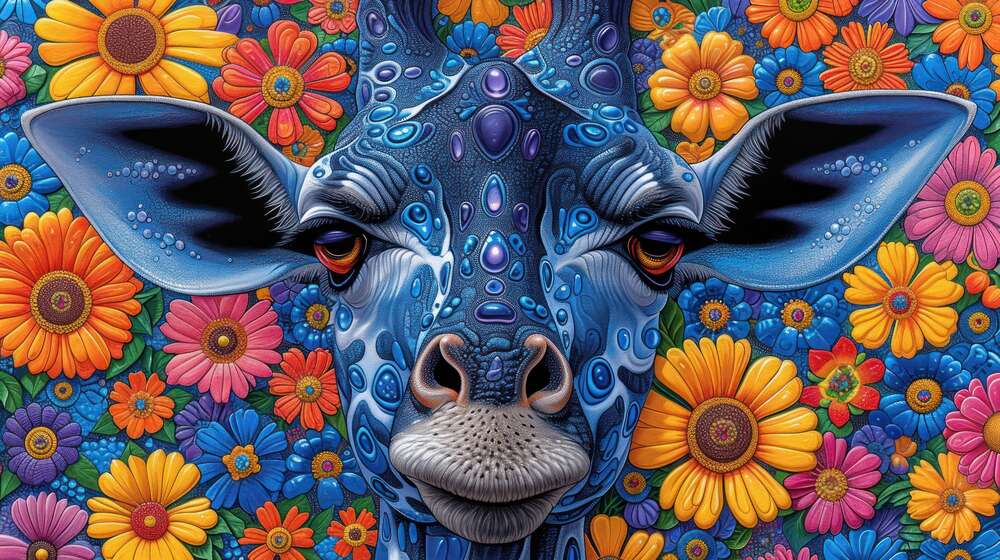 картина-постер Синій жираф на фоні різнокольорових квітів