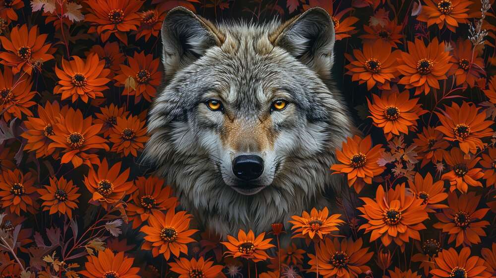 картина-постер Серый волк в оранжевых цветах
