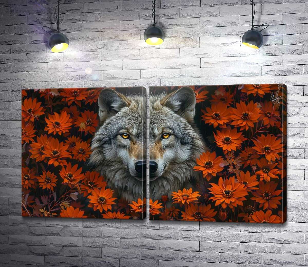 модульная картина Серый волк в оранжевых цветах
