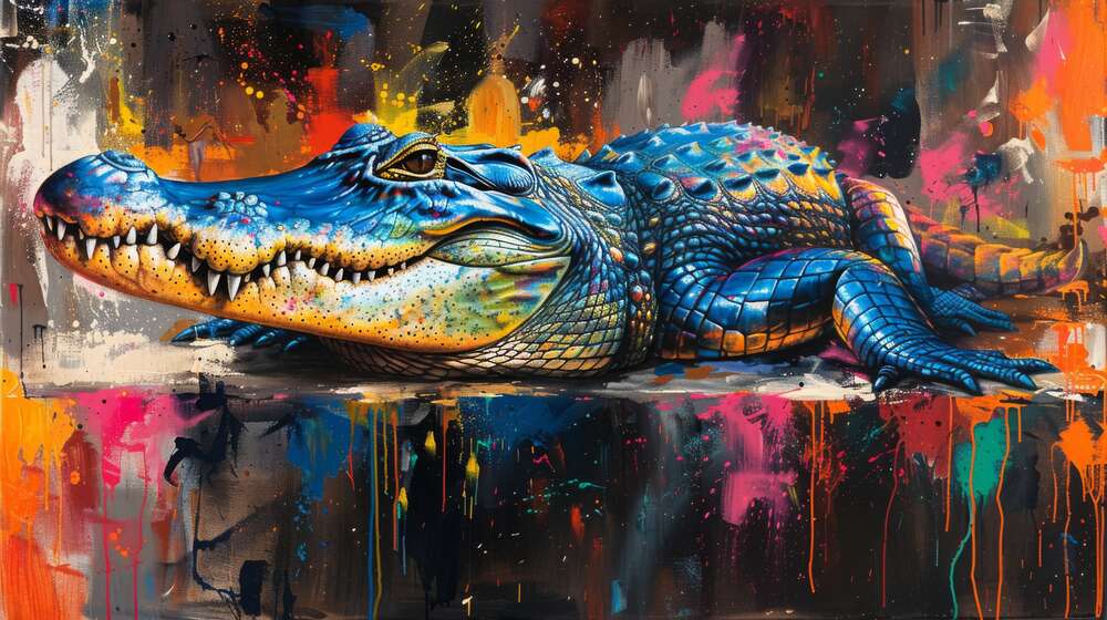 картина-постер Разноцветный крокодил и брызги красок