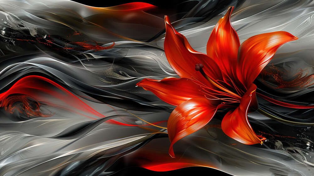 картина-постер Красный цветок лилии среди абстрактных волн