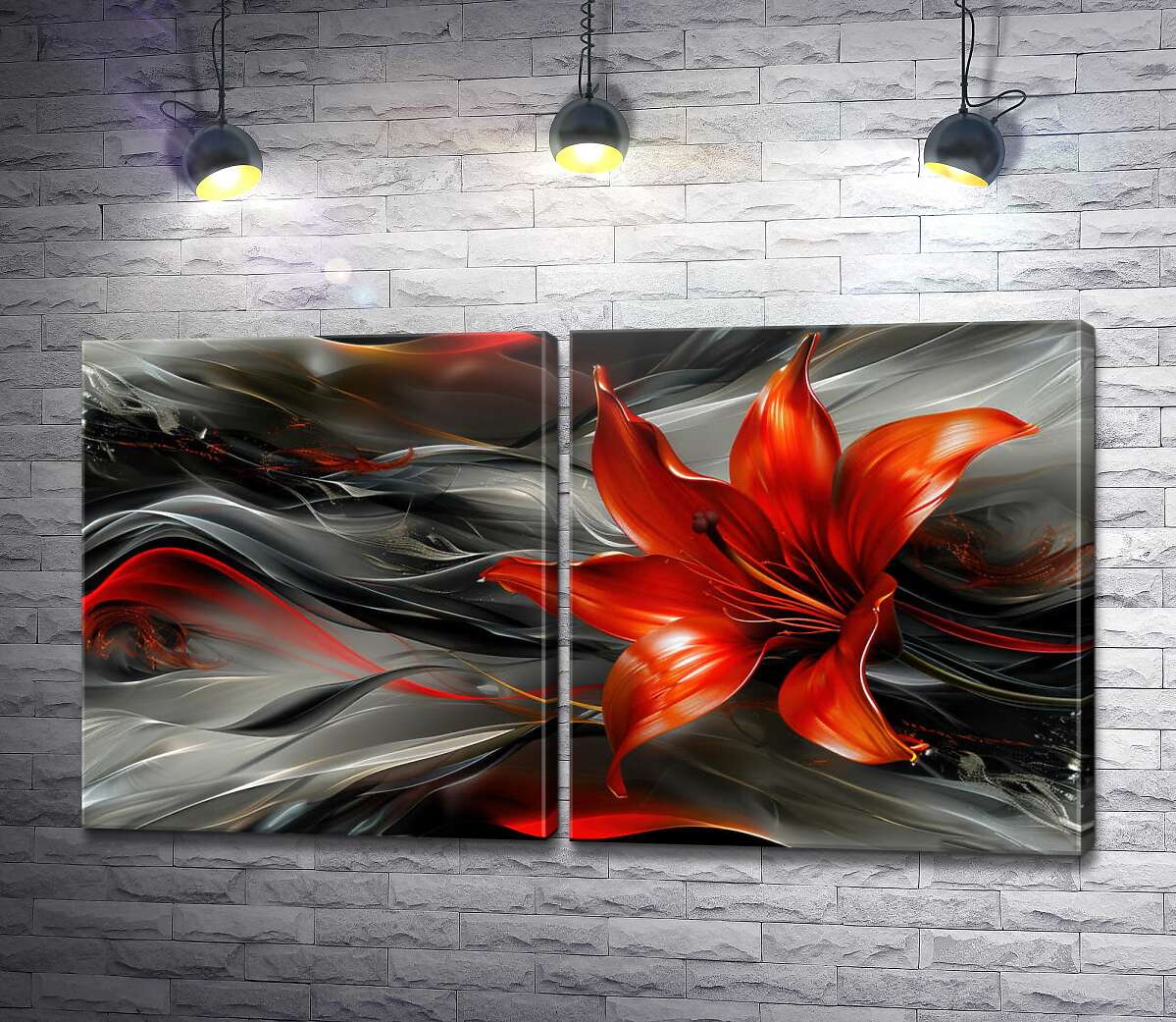 модульная картина Красный цветок лилии среди абстрактных волн