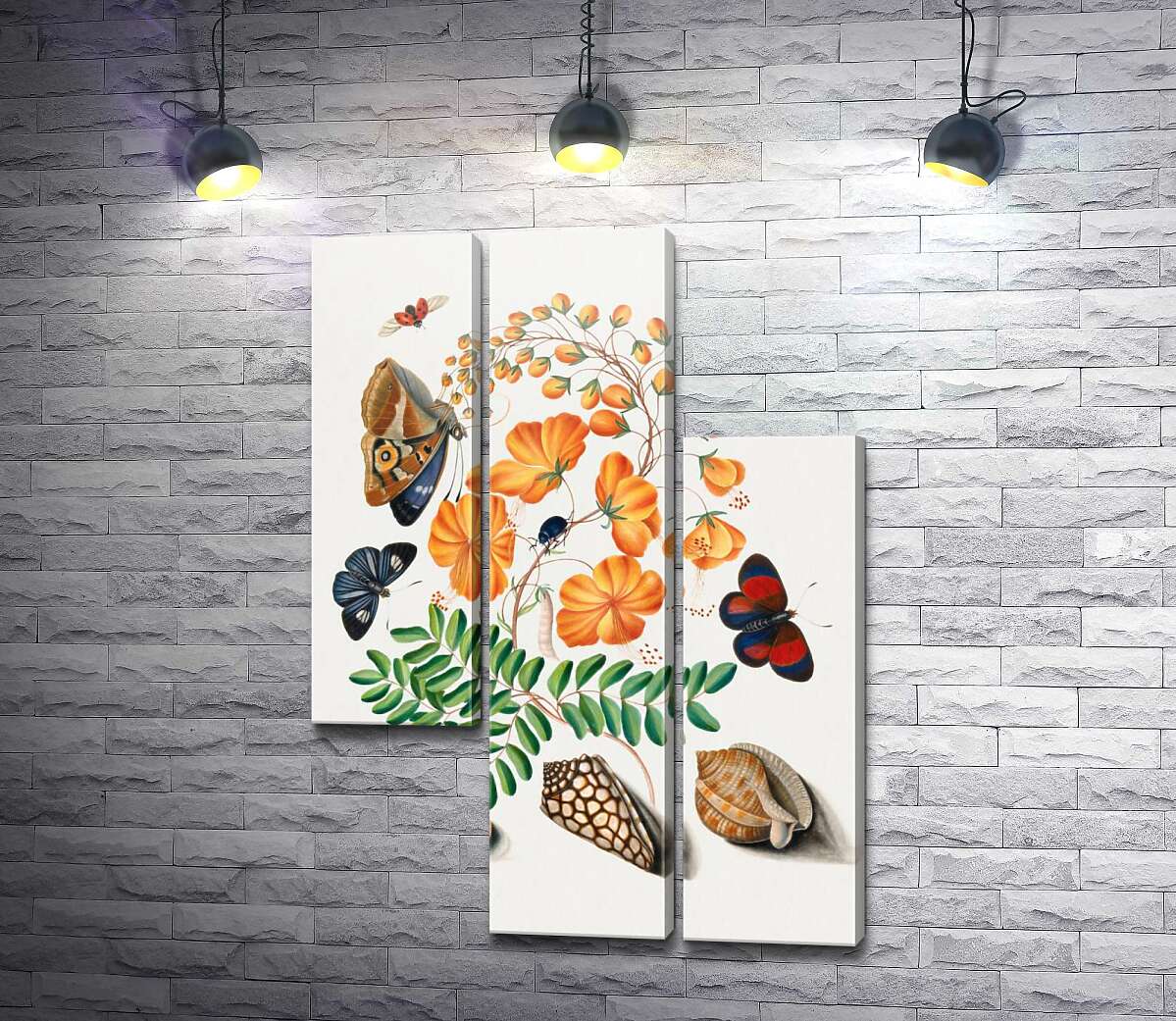 модульная картина Оранжевые цветы, ракушки и бабочки (Модуль №13)