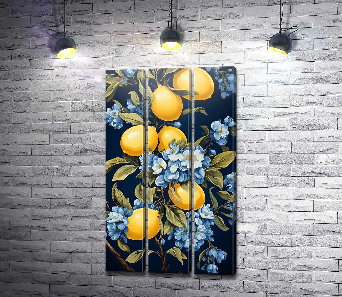 Модульна картина Гілки лимона з блакитними квітками